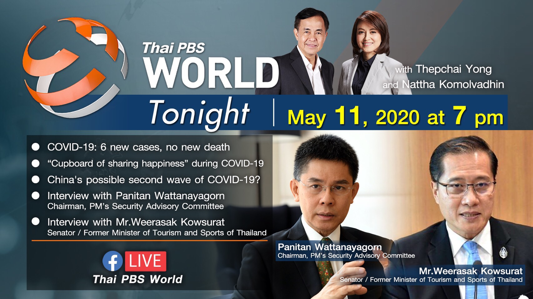 วันที่ 11 พฤษภาคม 2563  นายวีระศักดิ์ โควสุรัตน์ ให้สัมภาษณ์ผ่านรายการ Thai PBS World รายการสดเวลา 19.45-20.15 นาฬิกา ผ่านโปรแกรม ZOOM โดยมีผู้ดำเนินรายการ ได้แก่ คุณเทพชัย หย่อง และคุณณัฏฐา โกมลวาทิน ในประเด็น  “วิกฤตการณ์การระบาดของโควิด-19 ผลกระทบต่อภา