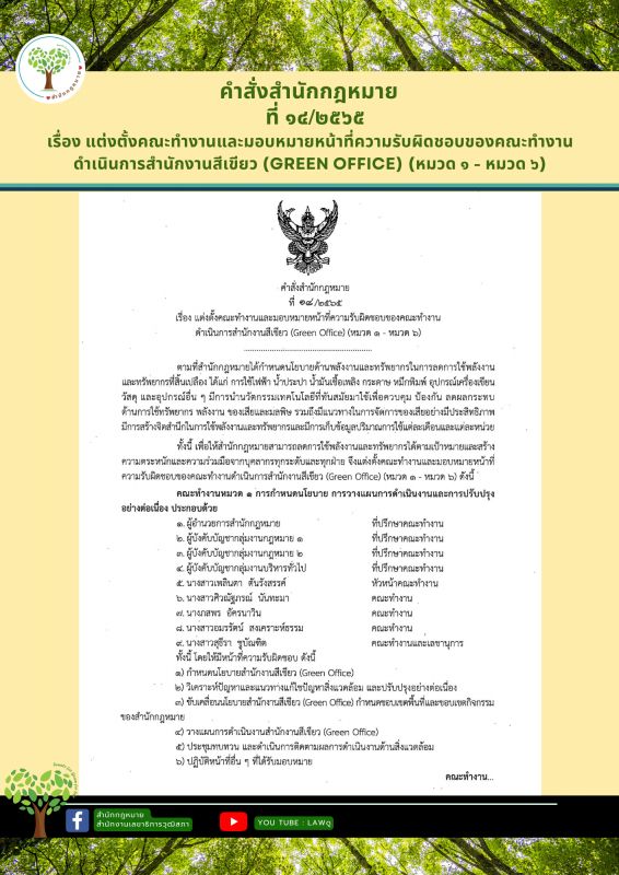 คำสั่งแต่งตั้งคณะทำงานและมอบหมายหน้าที่ความรับผิดชอบของคณะทำงานดำเนินการสำนักงานสีเขียว (Green Office) (หมวด 1- หมวด 6)