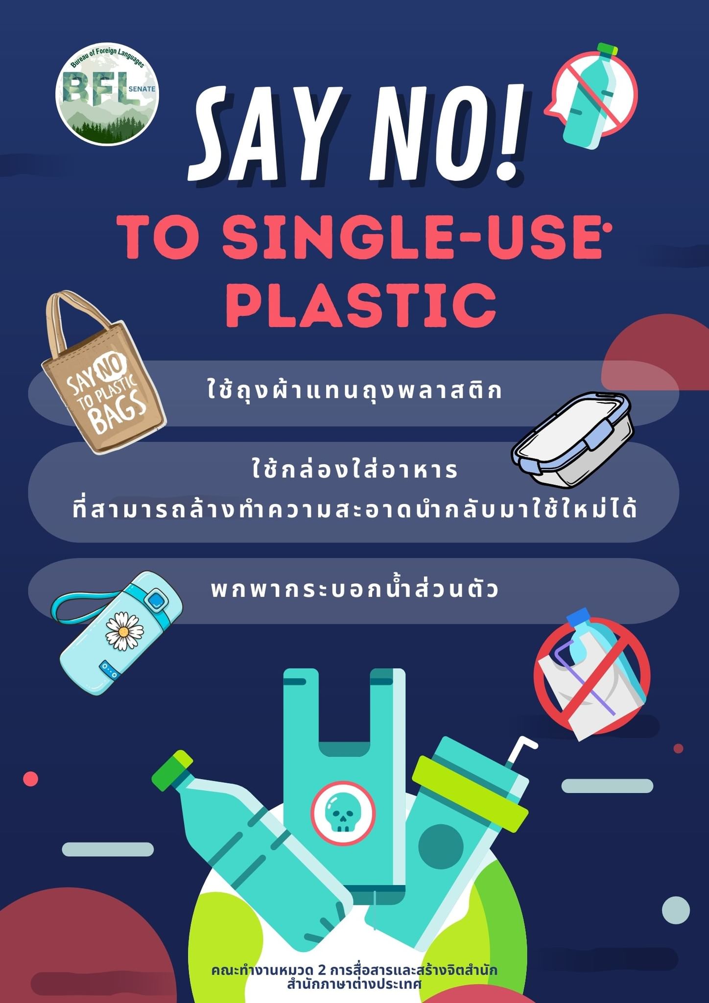 คณะทำงานหมวด 2 การสื่อสารและสร้างจิตสำนึก สำนักภาษาต่างประเทศ ขอรณรงค์ให้ทุกท่านลด ละ เลิกการใช้พลาสติกแบบใช้ครั้งเดียวทิ้ง (Single-Use Plastic) งดใช้กล่องโฟมบรรจุอาหารและพลาสติกแบบใช้ครั้งเดียวทิ้ง รวมทั้งลดการใช้ถุงพลาสติกหูหิ้ว ปรับเปลี่ยนพฤติกรรมมาใช้